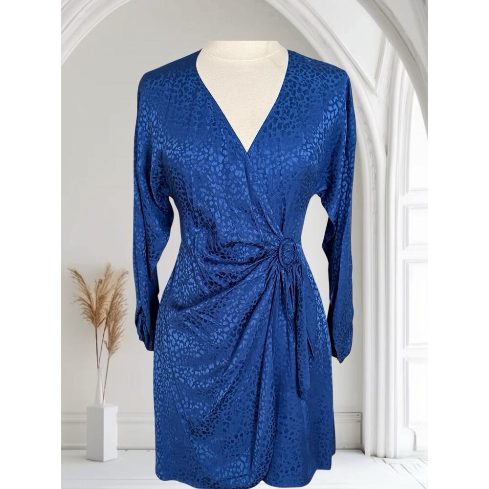 Parker Linda Long Sleeve‎ Satin Jacquard Faux Wrap Dress Sz 4 Ultramarine Blue
